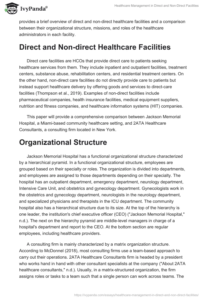 Healthcare Management in Direct and Non-Direct Facilities. Page 2