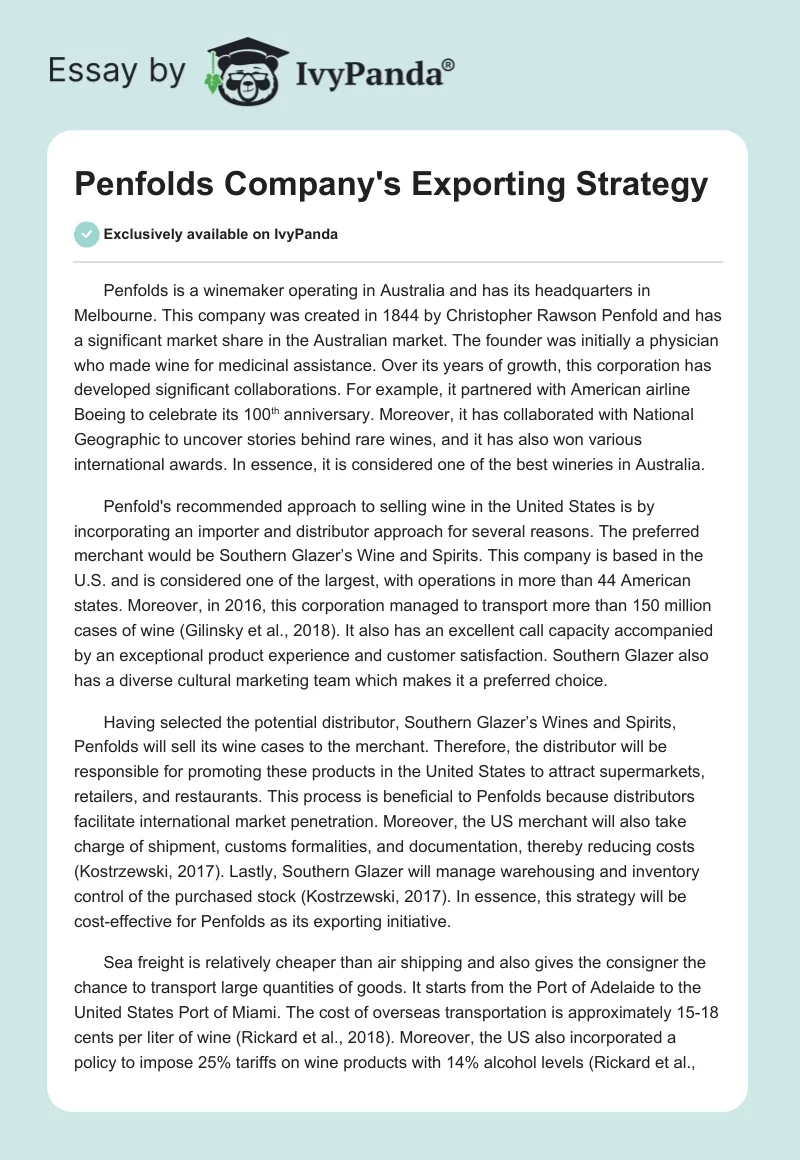 Penfolds Company's Exporting Strategy. Page 1