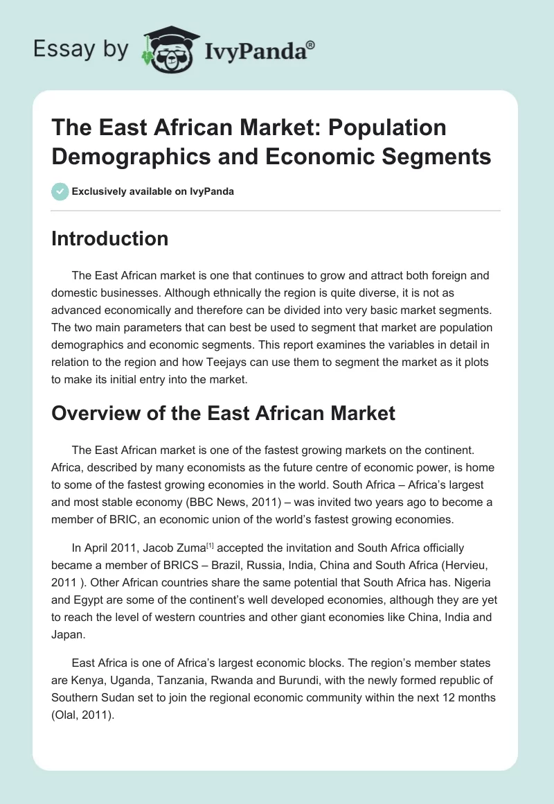 The East African Market: Population Demographics and Economic Segments. Page 1