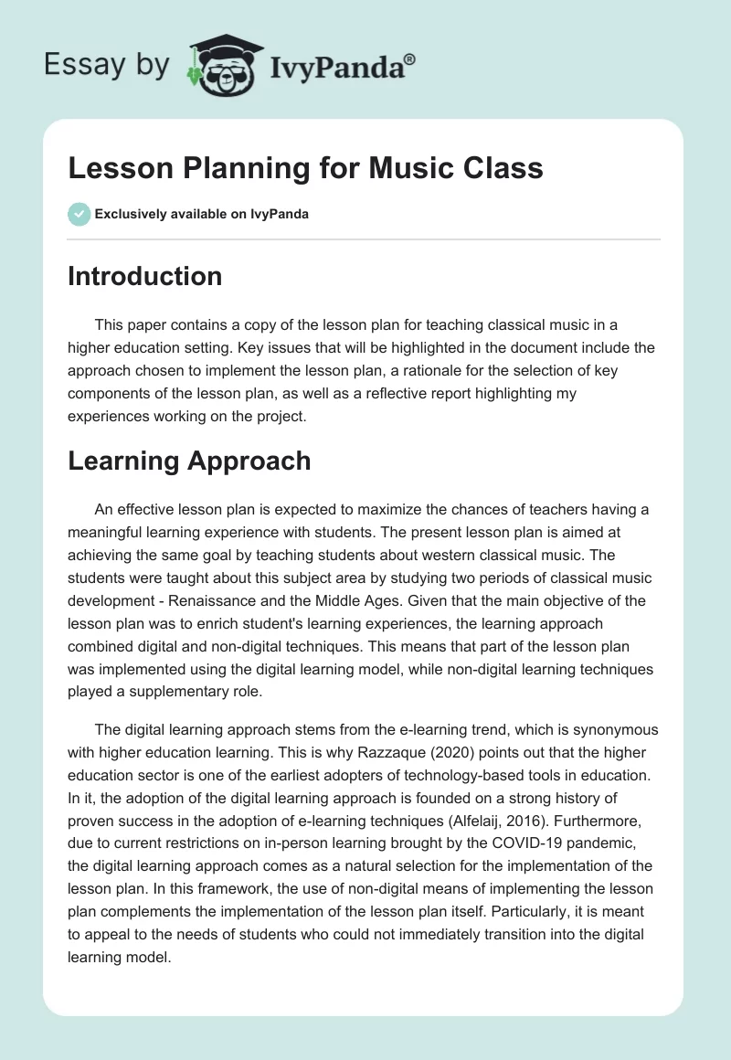 Lesson Planning for Music Class. Page 1
