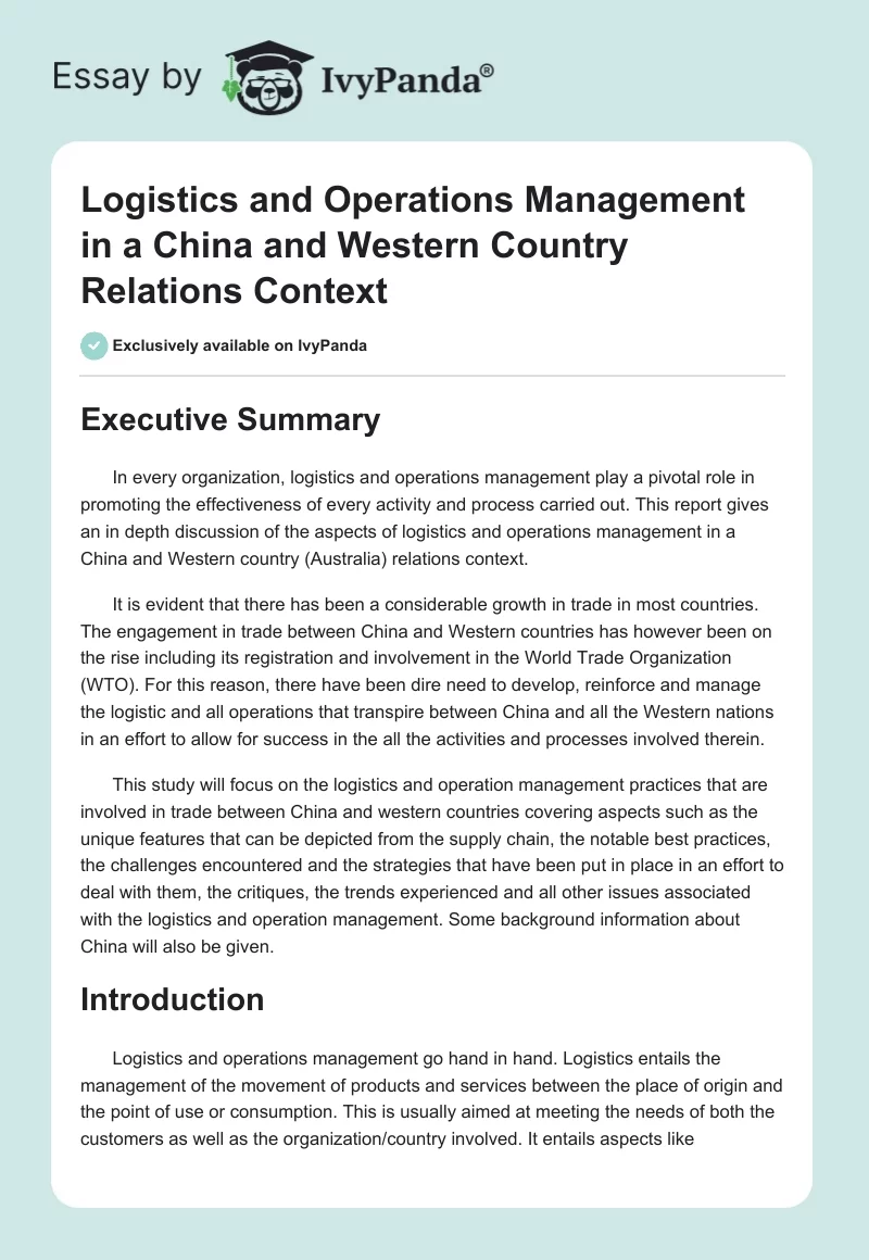 Logistics and Operations Management in a China and Western Country Relations Context. Page 1