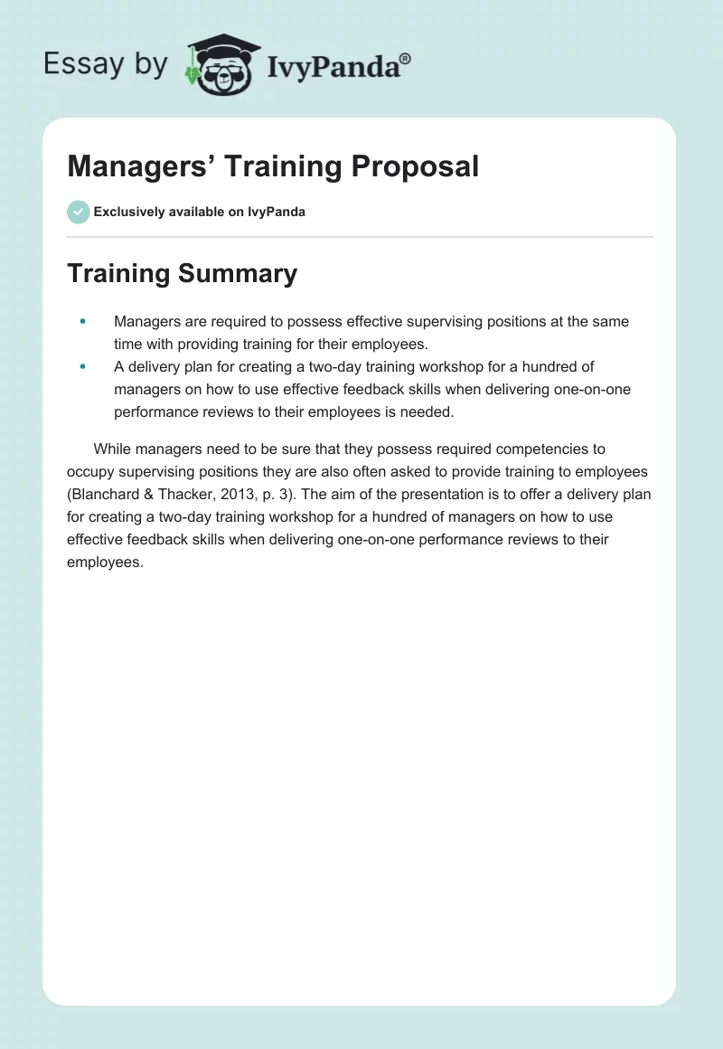 Managers’ Training Proposal. Page 1