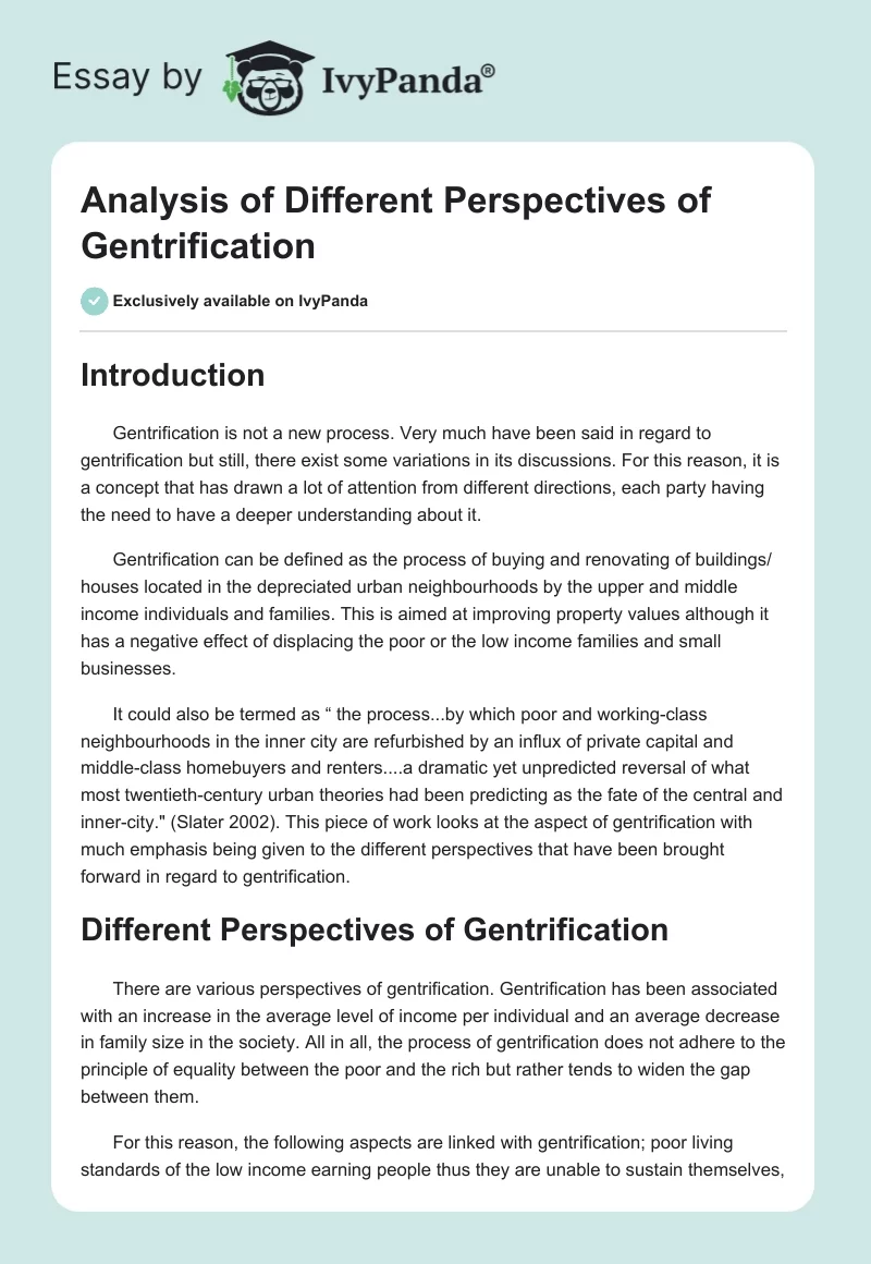 Analysis of Different Perspectives of Gentrification. Page 1