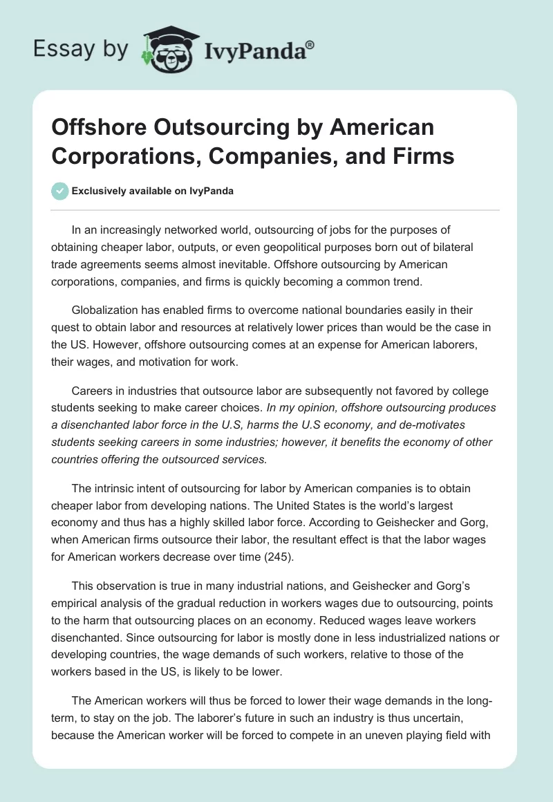 Offshore Outsourcing by American Corporations, Companies, and Firms. Page 1
