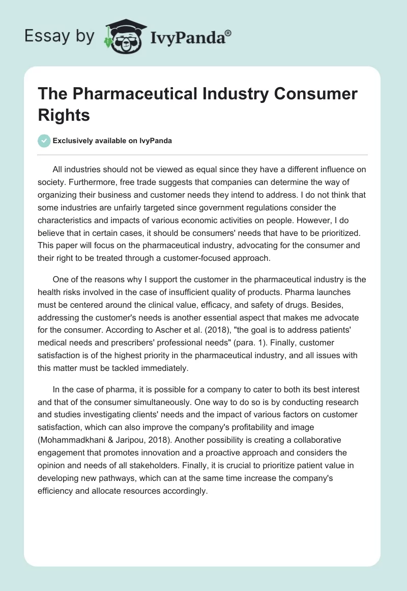 The Pharmaceutical Industry Consumer Rights. Page 1