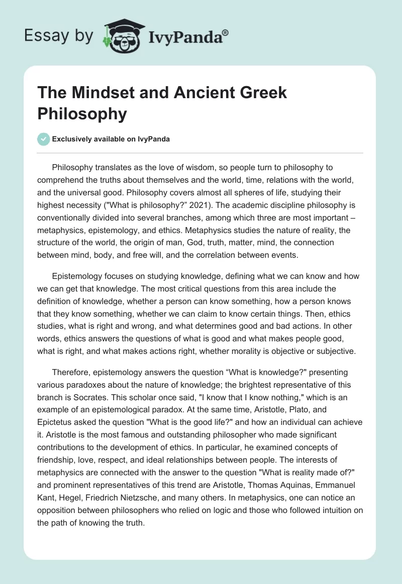 The Mindset and Ancient Greek Philosophy. Page 1