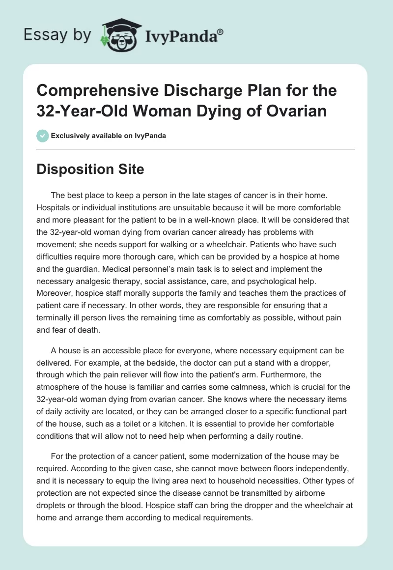 Comprehensive Discharge Plan for the 32-Year-Old Woman Dying of Ovarian. Page 1