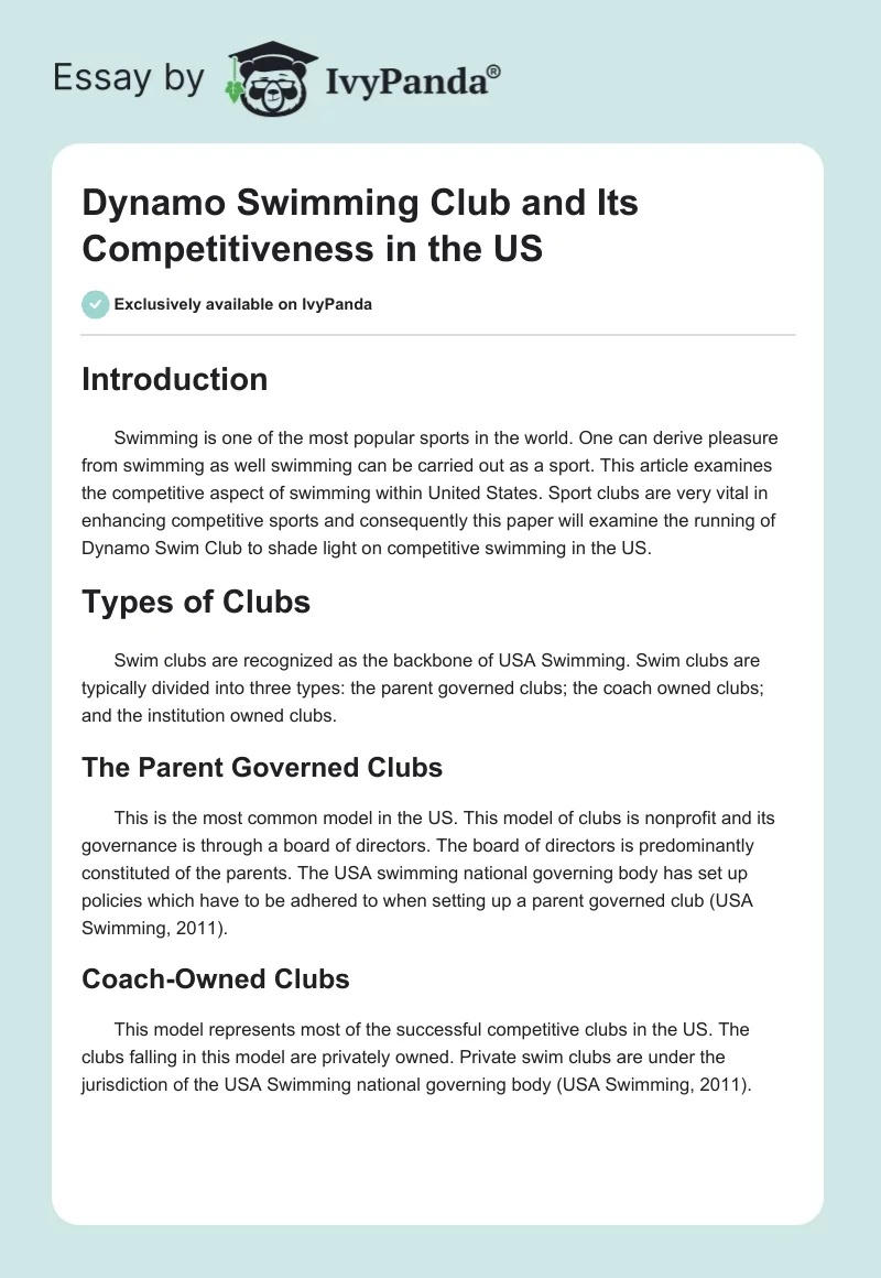 Dynamo Swimming Club and Its Competitiveness in the US. Page 1