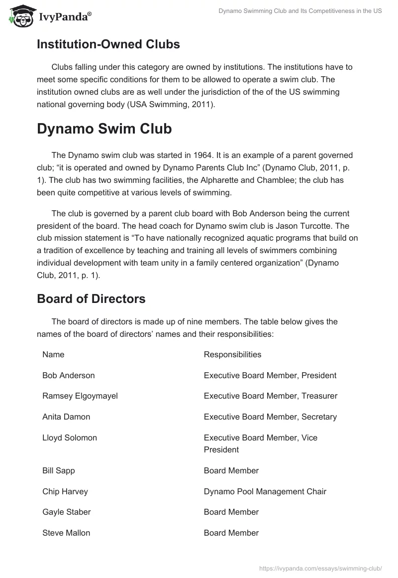 Dynamo Swimming Club and Its Competitiveness in the US. Page 2