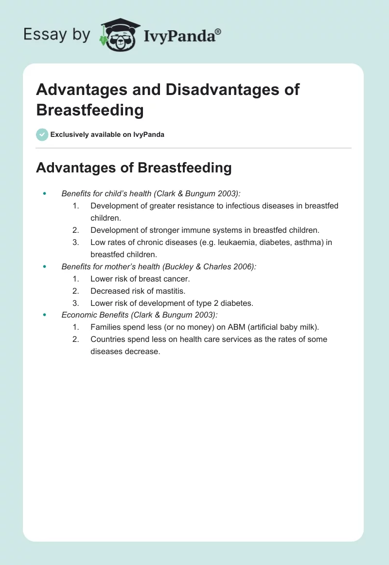 Advantages and Disadvantages of Breastfeeding. Page 1