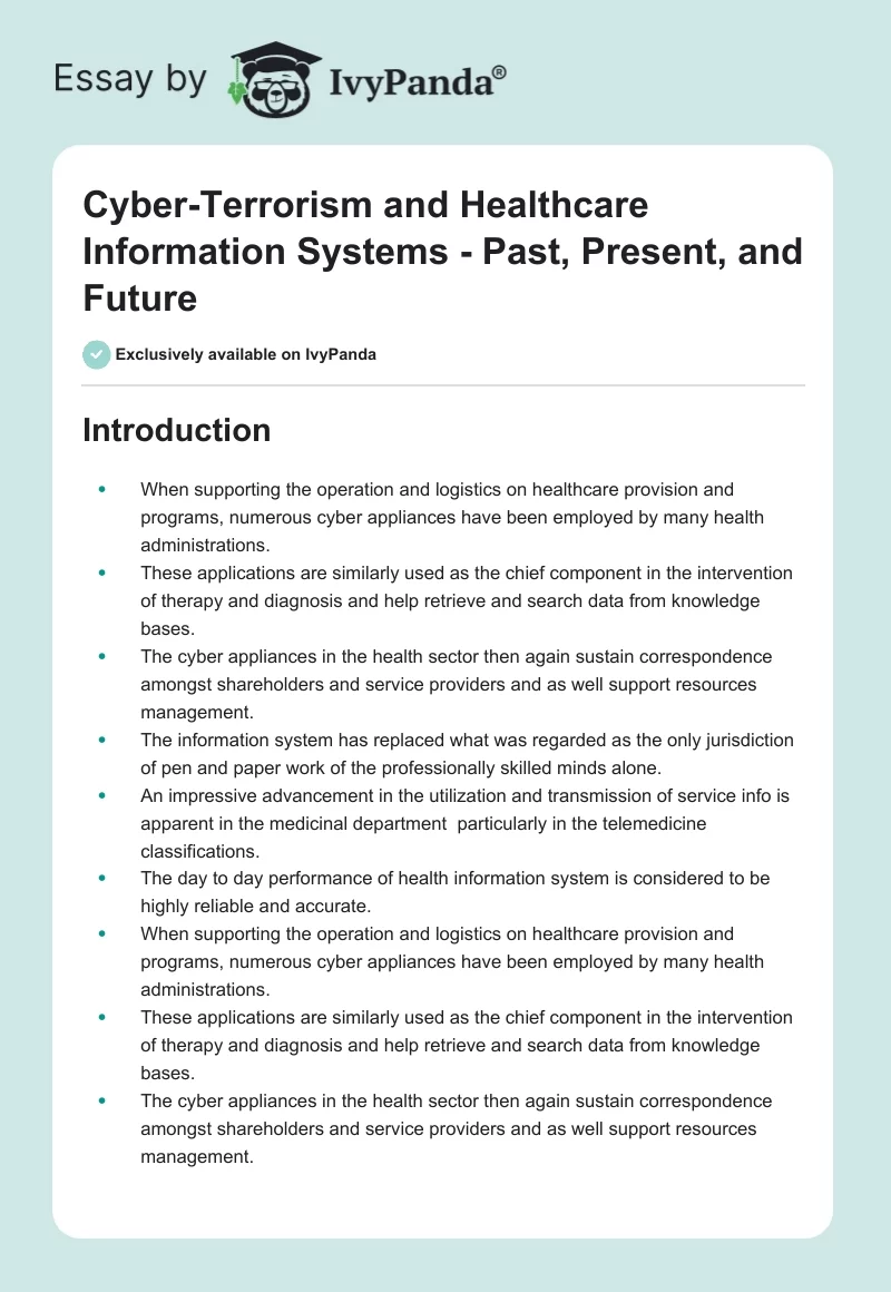 Cyber-Terrorism and Healthcare Information Systems - Past, Present, and Future. Page 1