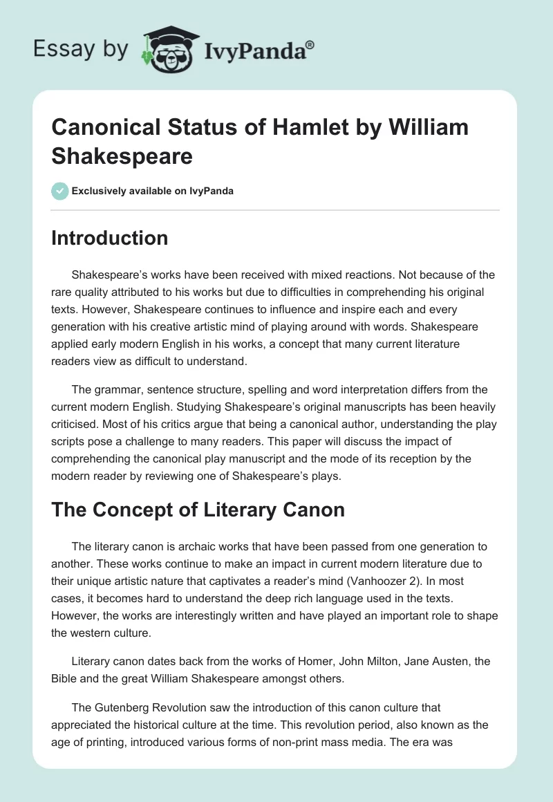 Canonical Status of Hamlet by William Shakespeare. Page 1