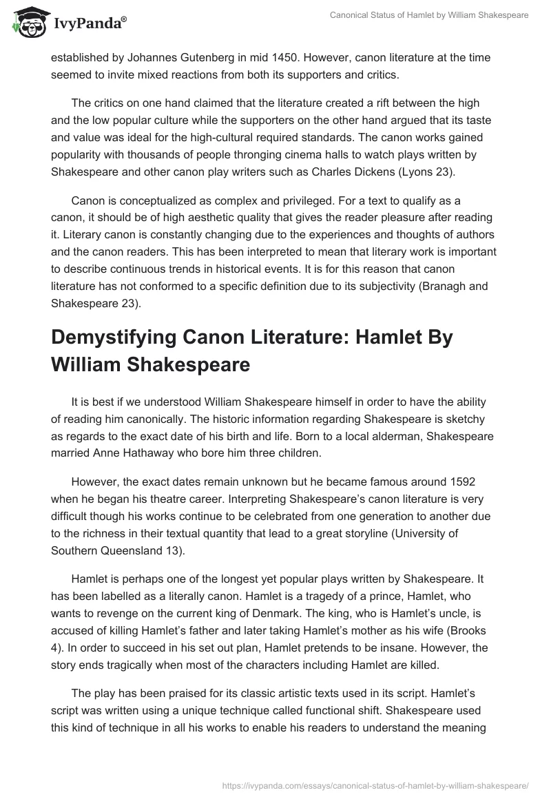 Canonical Status of Hamlet by William Shakespeare. Page 2