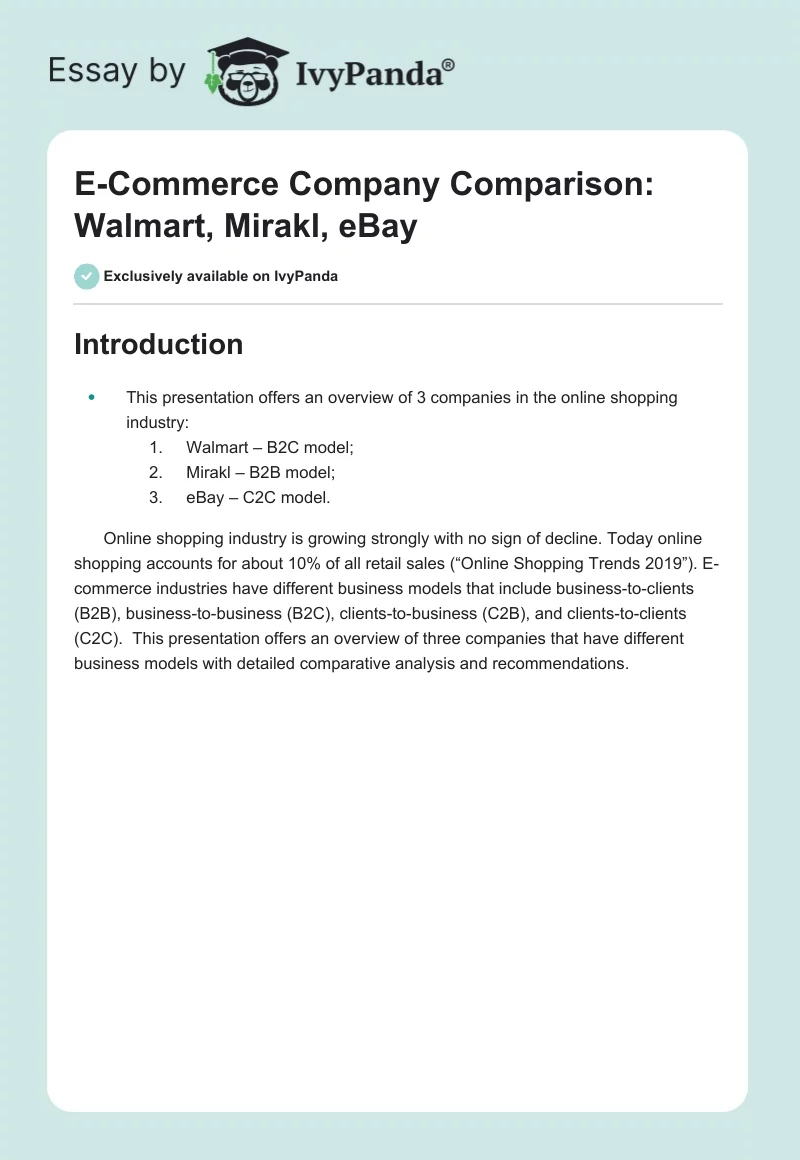 E-Commerce Company Comparison: Walmart, Mirakl, eBay. Page 1