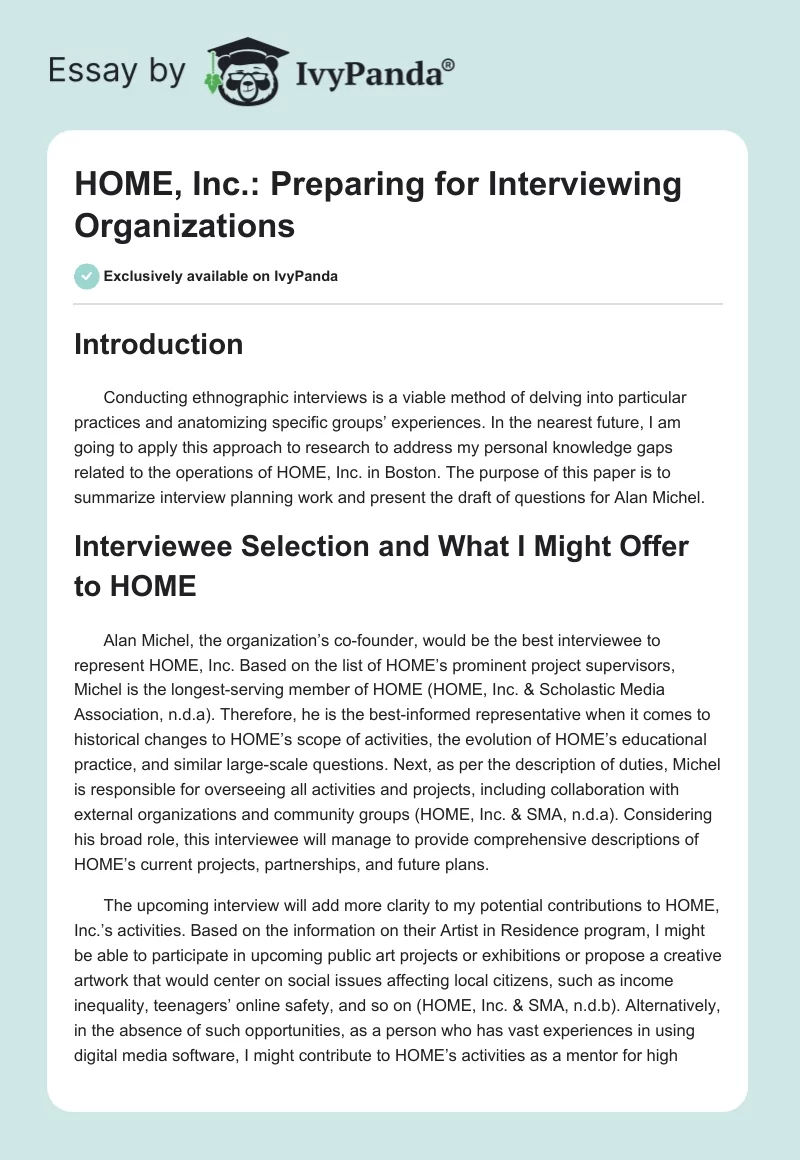 HOME, Inc.: Preparing for Interviewing Organizations. Page 1