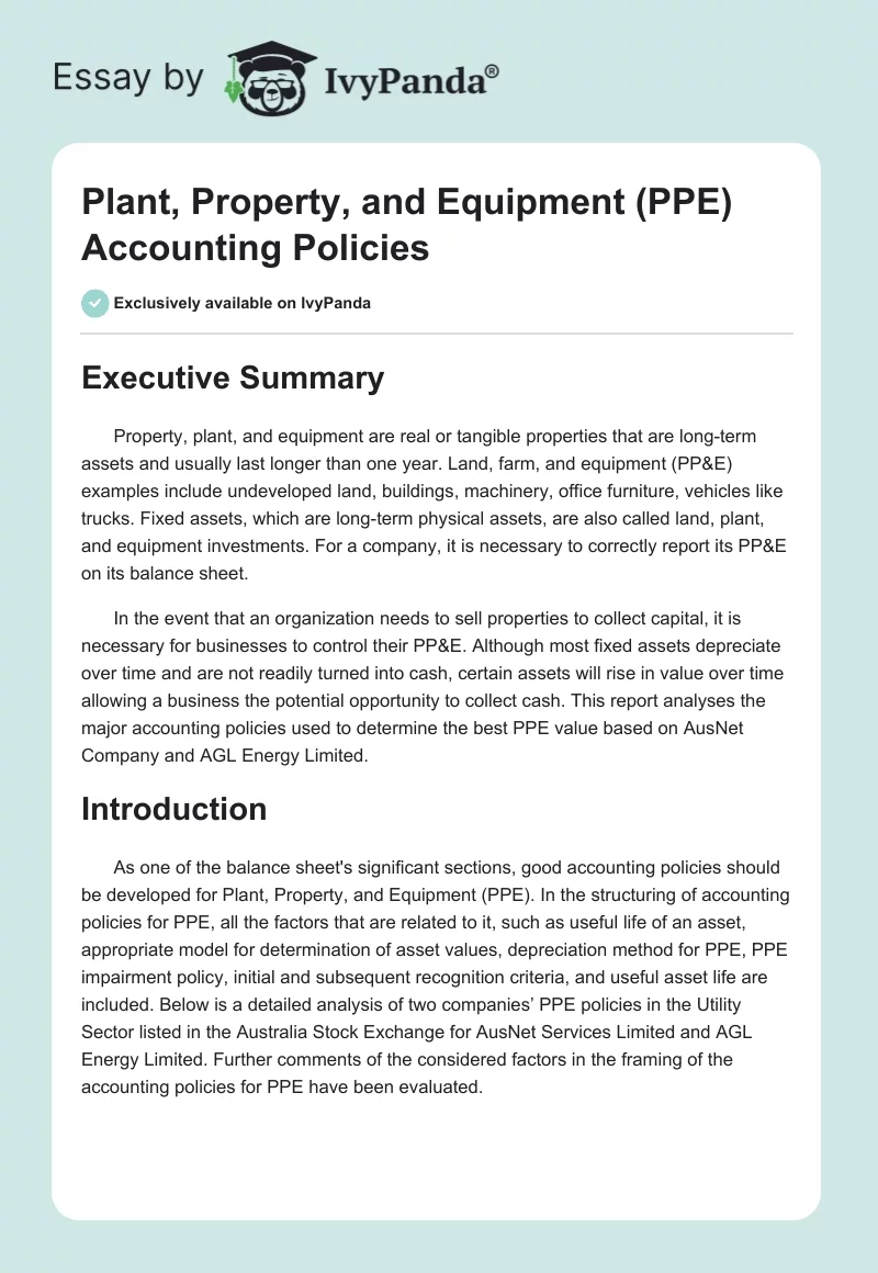 Plant, Property, and Equipment (PPE) Accounting Policies. Page 1
