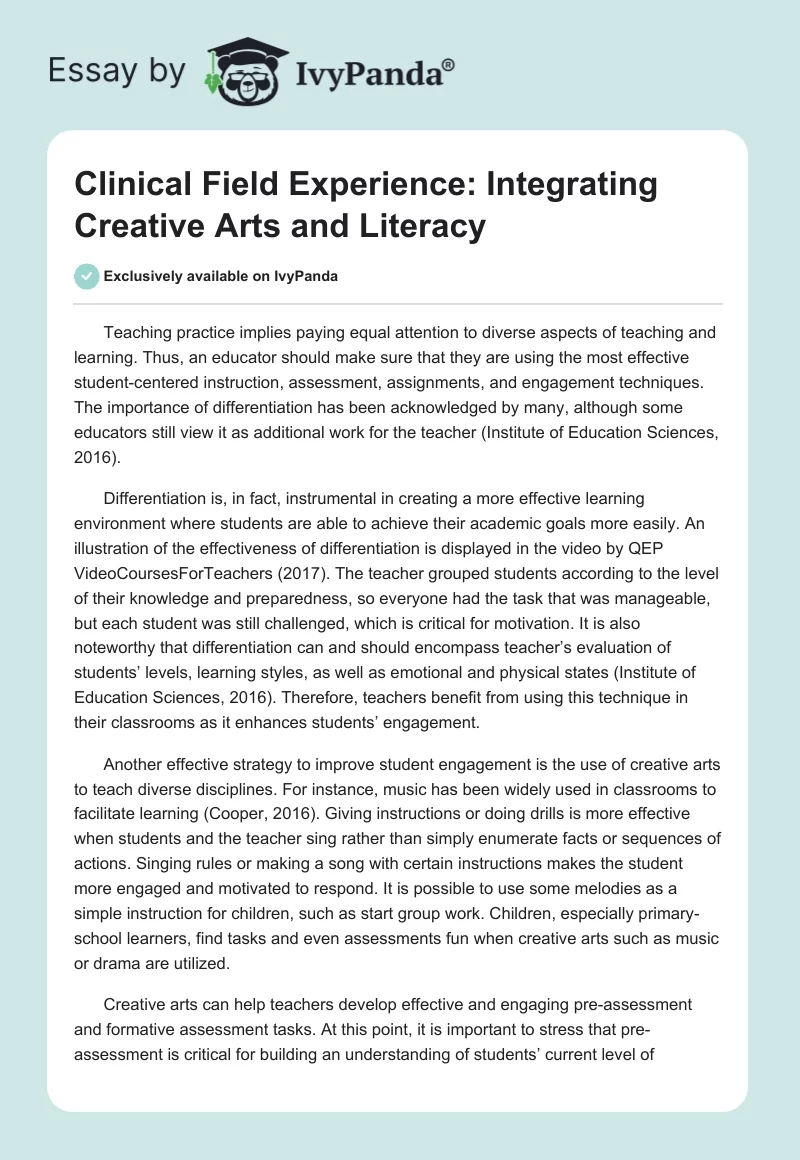 Clinical Field Experience: Integrating Creative Arts and Literacy. Page 1