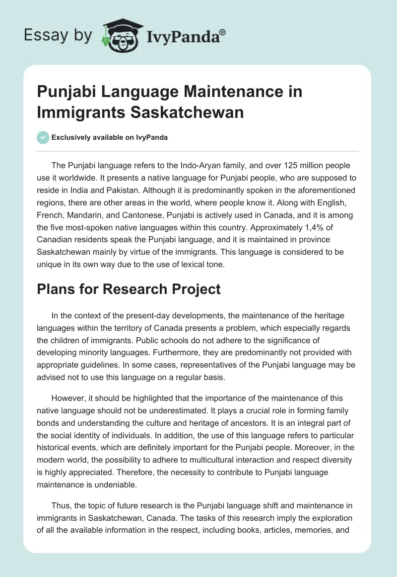 Punjabi Language Maintenance in Immigrants Saskatchewan. Page 1