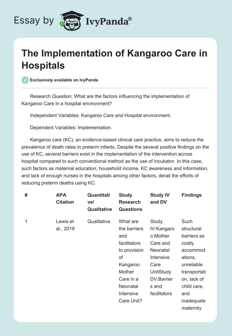 The Implementation of Kangaroo Care in Hospitals. Page 1