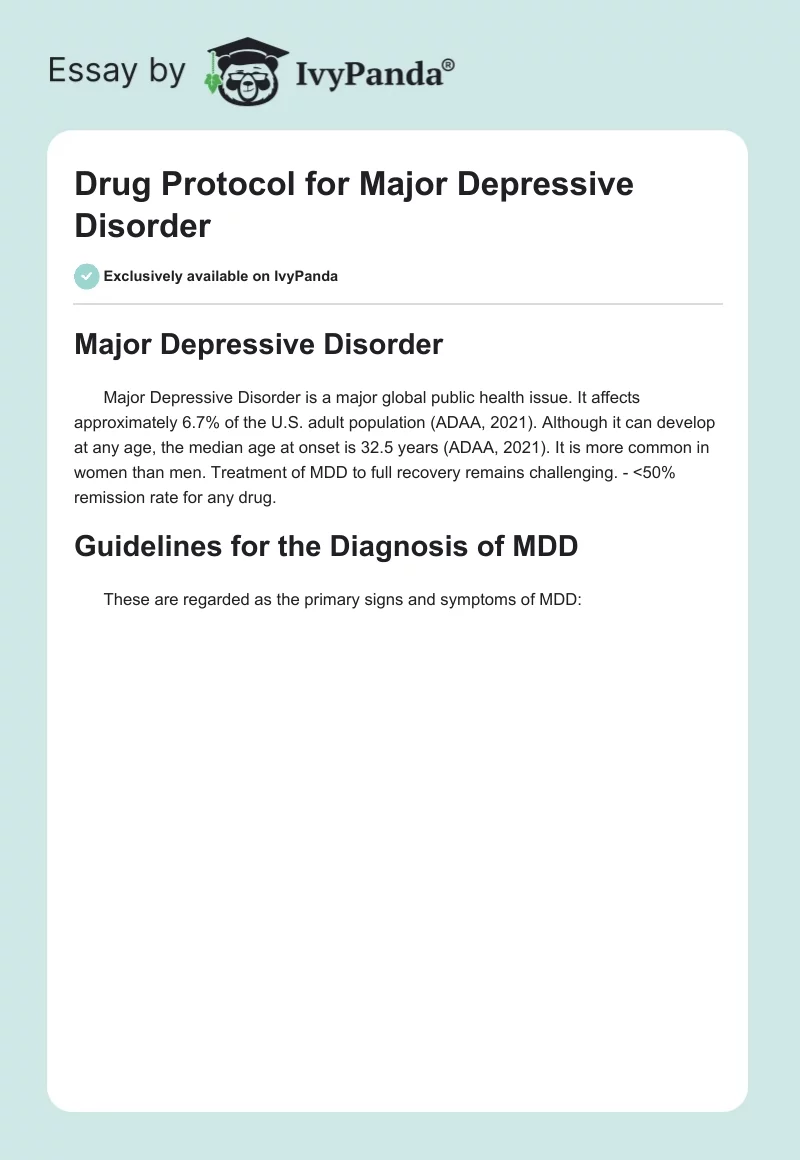 Drug Protocol for Major Depressive Disorder. Page 1