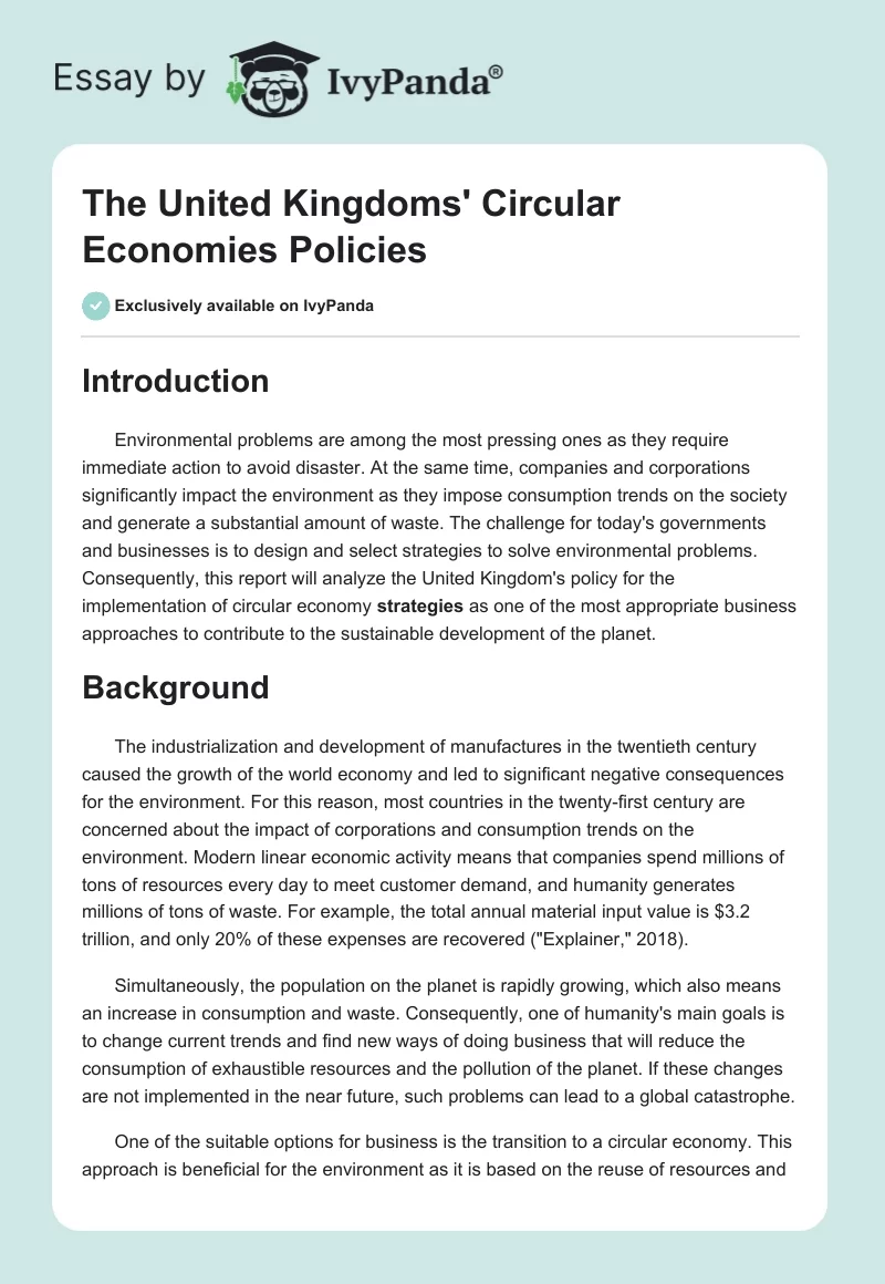 The United Kingdoms' Circular Economies Policies. Page 1