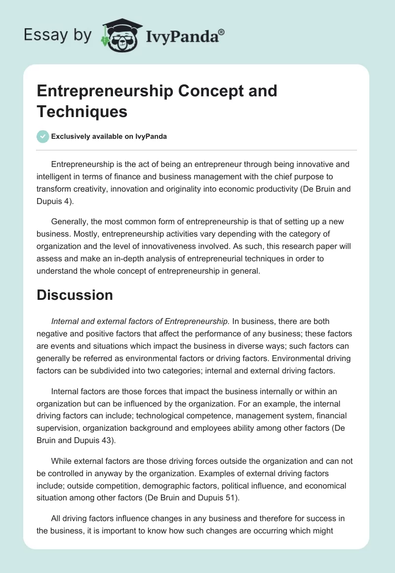 Entrepreneurship Concept and Techniques. Page 1