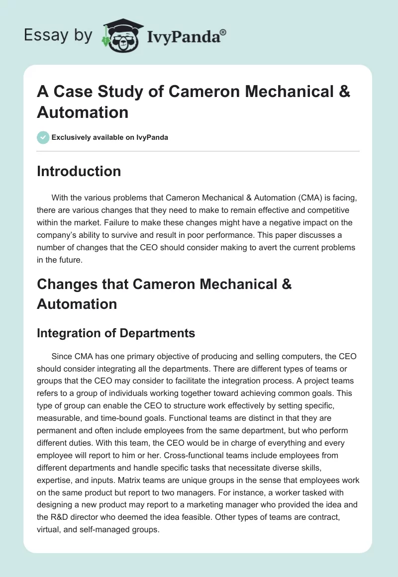 A Case Study of Cameron Mechanical & Automation. Page 1