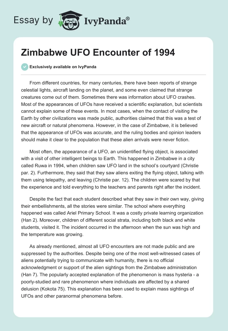 Zimbabwe UFO Encounter of 1994. Page 1