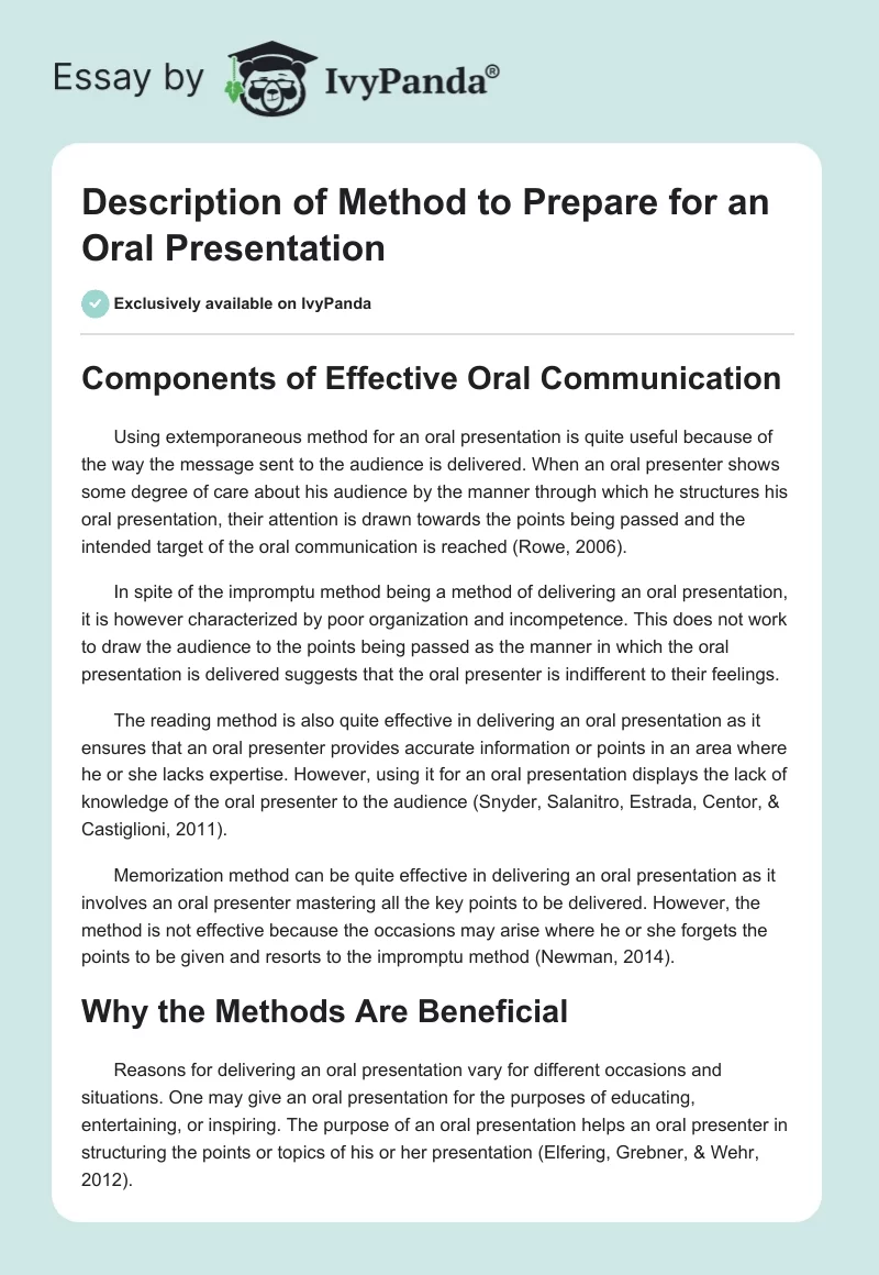 Description of Method to Prepare for an Oral Presentation. Page 1