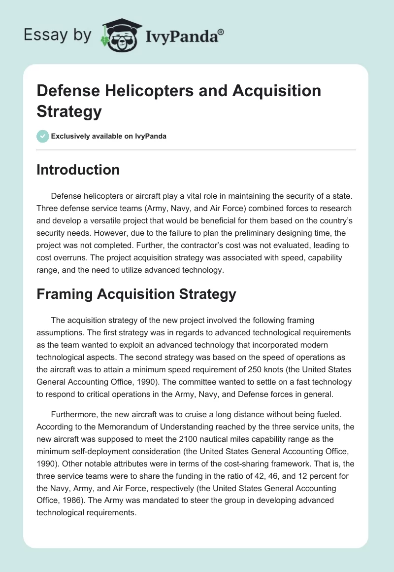 Defense Helicopters and Acquisition Strategy. Page 1