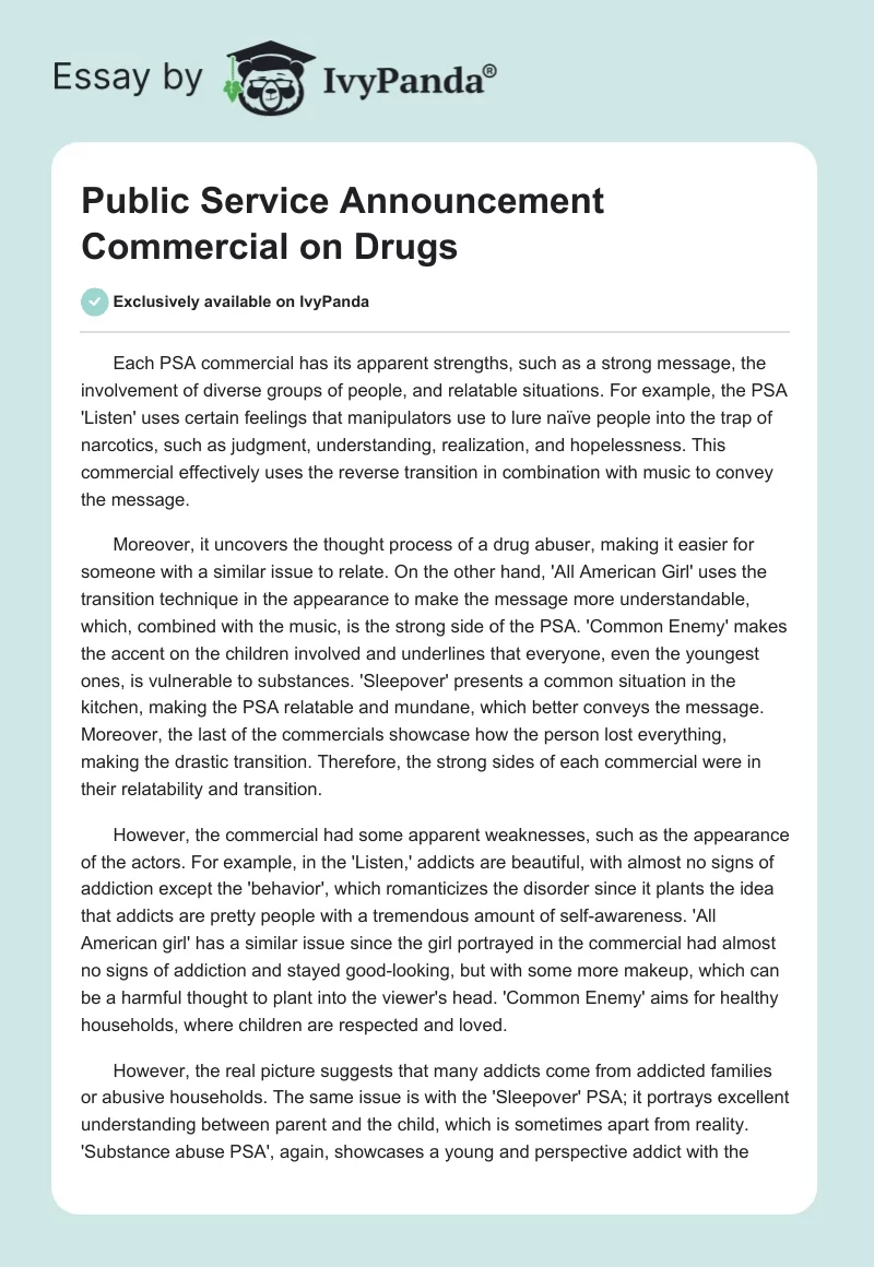 Public Service Announcement Commercial on Drugs. Page 1