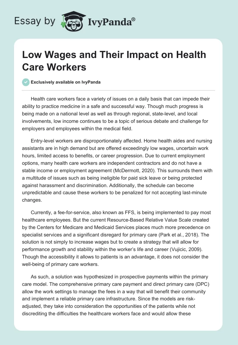 Low Wages and Their Impact on Health Care Workers. Page 1