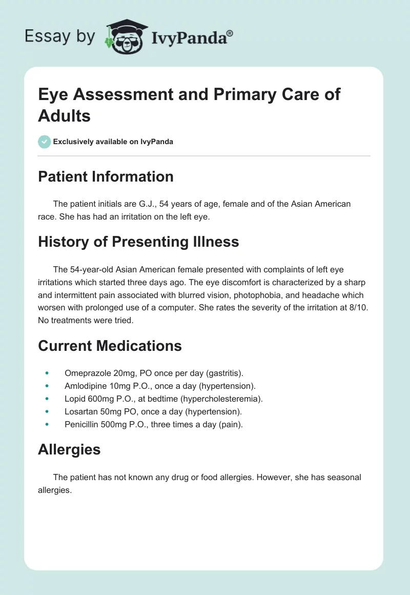 Eye Assessment and Primary Care of Adults. Page 1