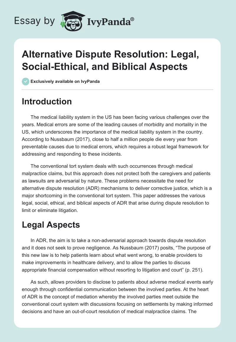 Alternative Dispute Resolution: Legal, Social-Ethical, and Biblical Aspects. Page 1