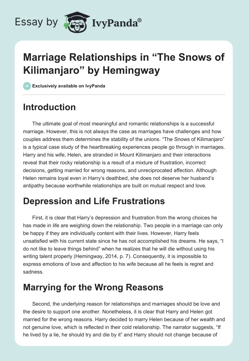 Marriage Relationships in “The Snows of Kilimanjaro” by Hemingway. Page 1