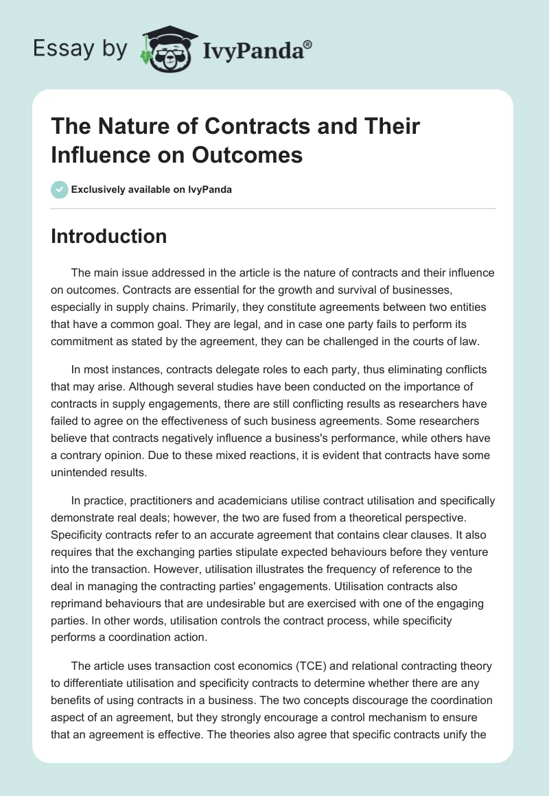 The Nature of Contracts and Their Influence on Outcomes. Page 1