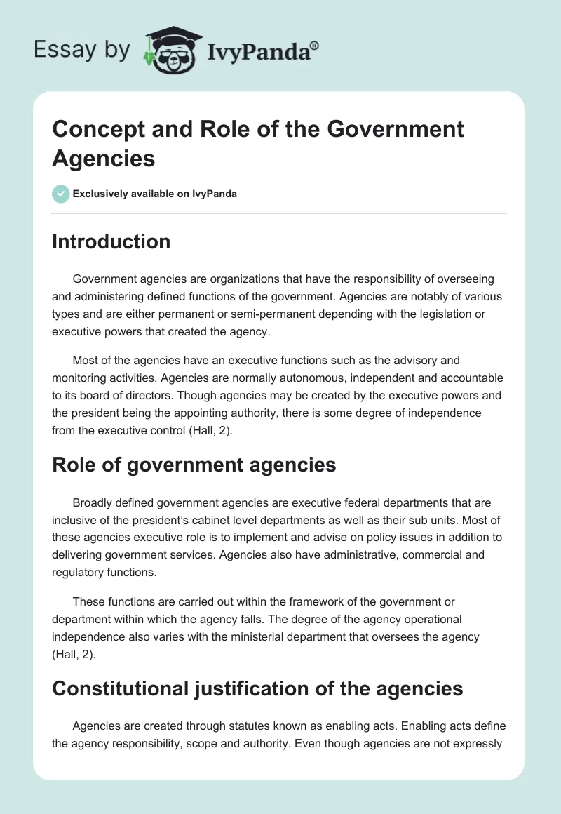 Concept and Role of the Government Agencies. Page 1