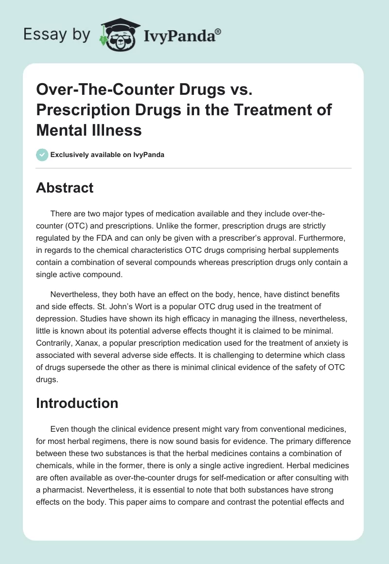 Over-The-Counter Drugs vs. Prescription Drugs in the Treatment of Mental Illness. Page 1