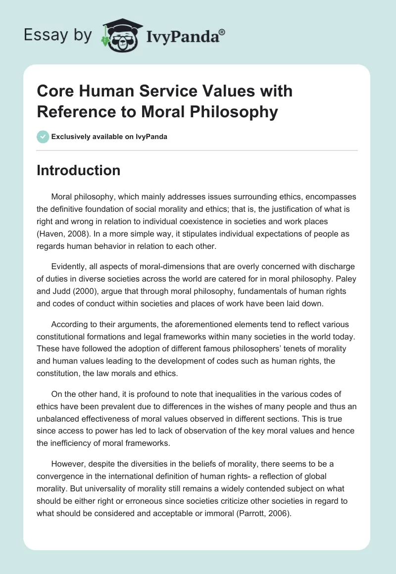 Core Human Service Values with Reference to Moral Philosophy. Page 1