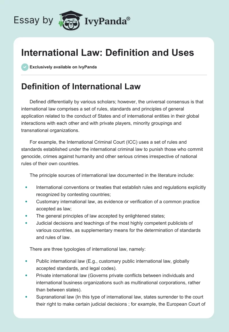 International Law: Definition and Uses. Page 1