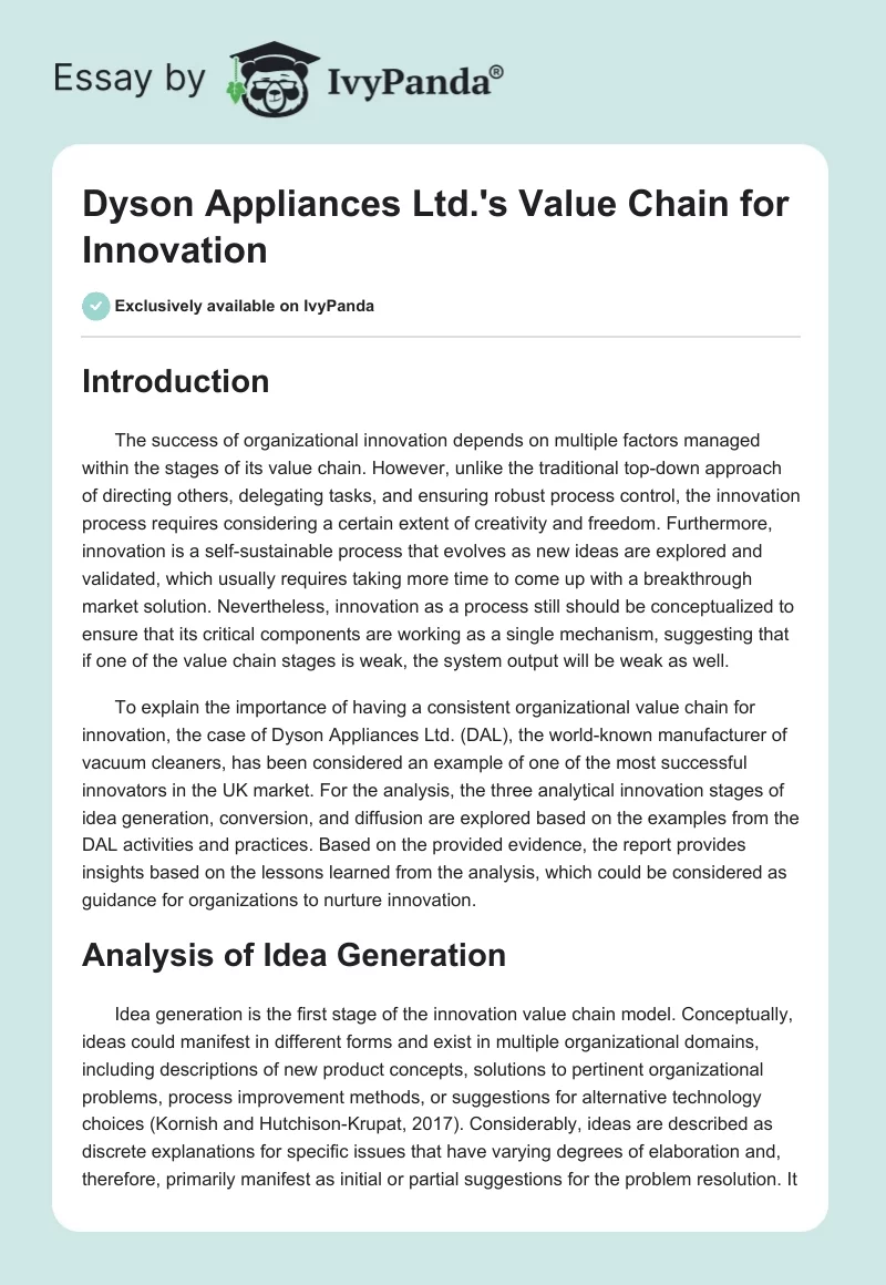 Dyson Appliances Ltd.'s Value Chain for Innovation. Page 1