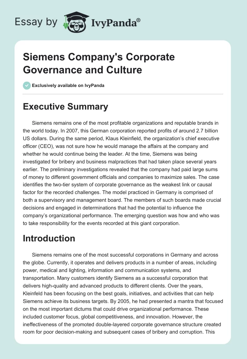 Siemens Company's Corporate Governance and Culture. Page 1
