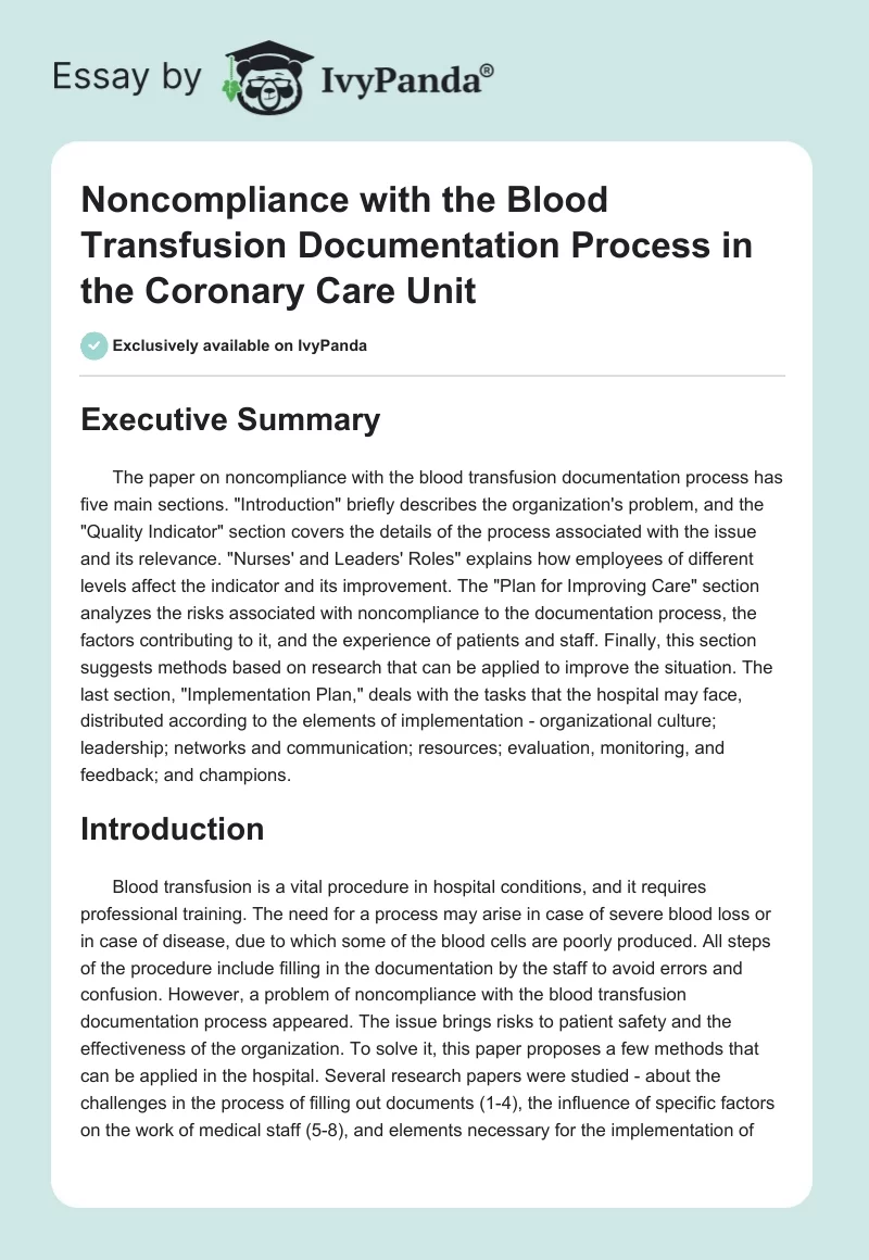 Noncompliance with the Blood Transfusion Documentation Process in the Coronary Care Unit. Page 1