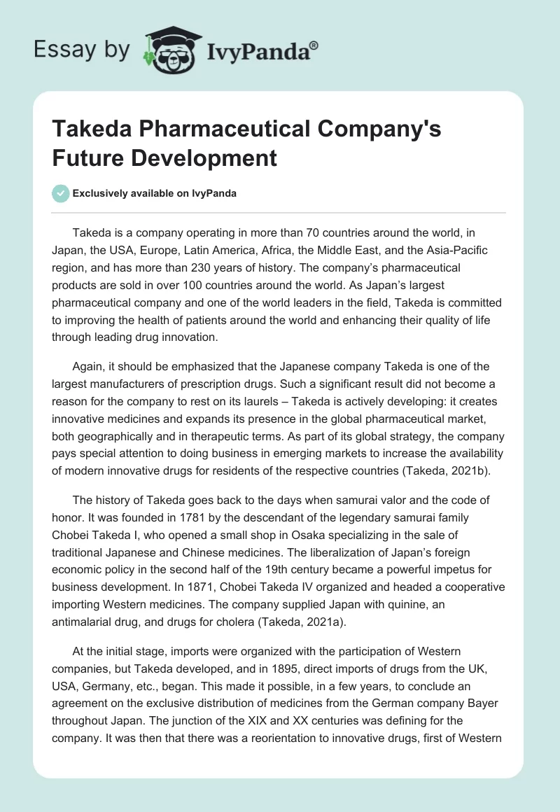 Takeda Pharmaceutical Company's Future Development. Page 1