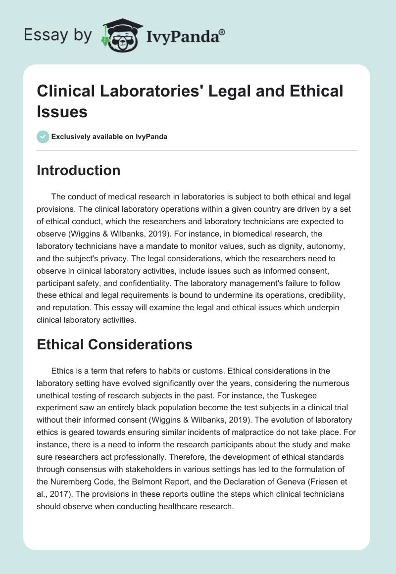 Clinical Laboratories' Legal and Ethical Issues. Page 1