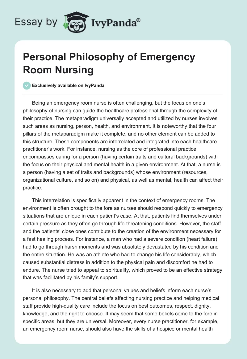 Personal Philosophy of Emergency Room Nursing. Page 1