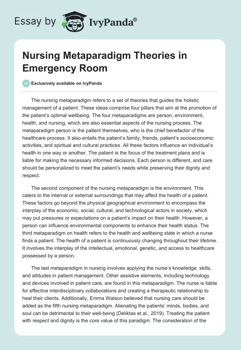Nursing Metaparadigm Theories in Emergency Room. Page 1