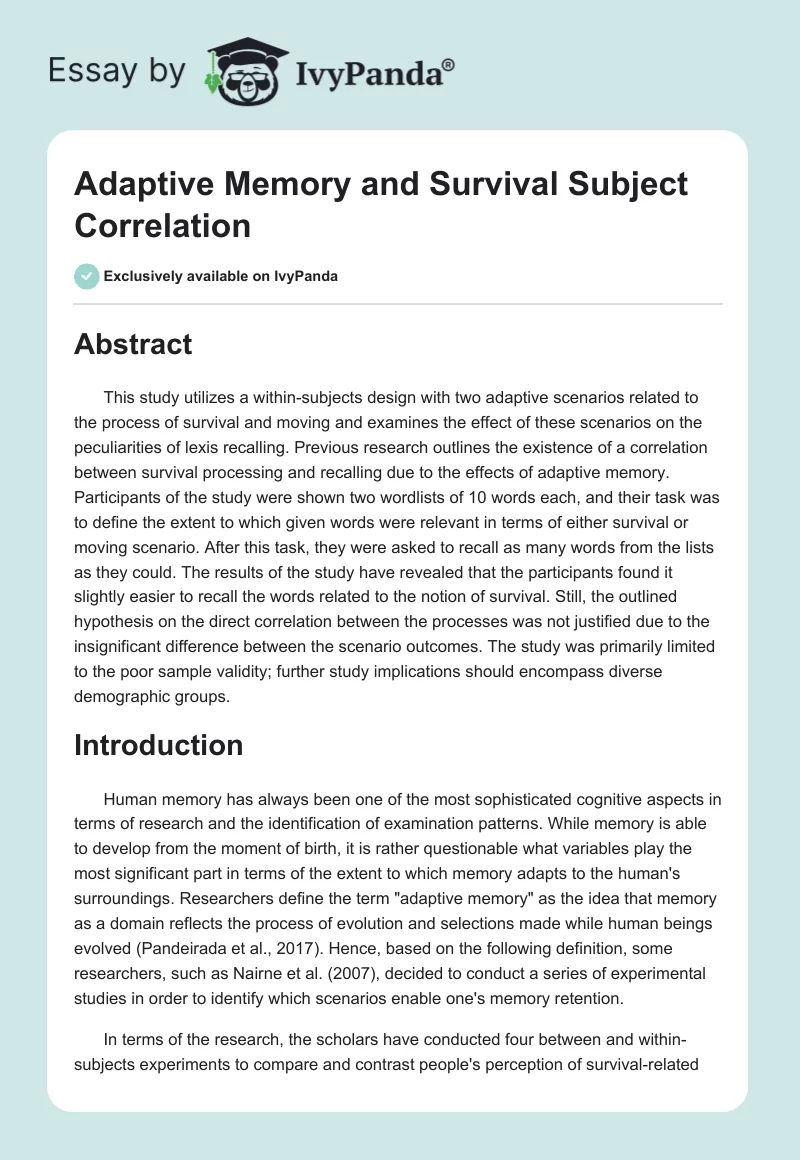 Adaptive Memory and Survival Subject Correlation. Page 1