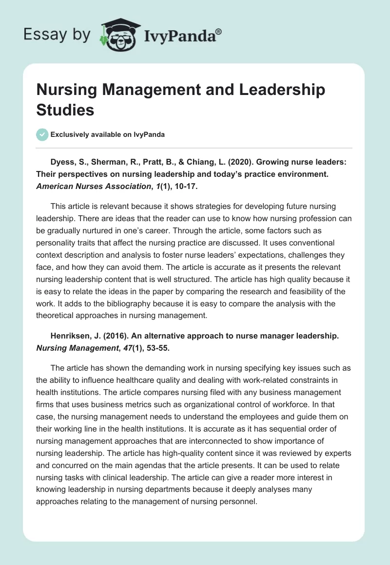 Nursing Management and Leadership Studies. Page 1
