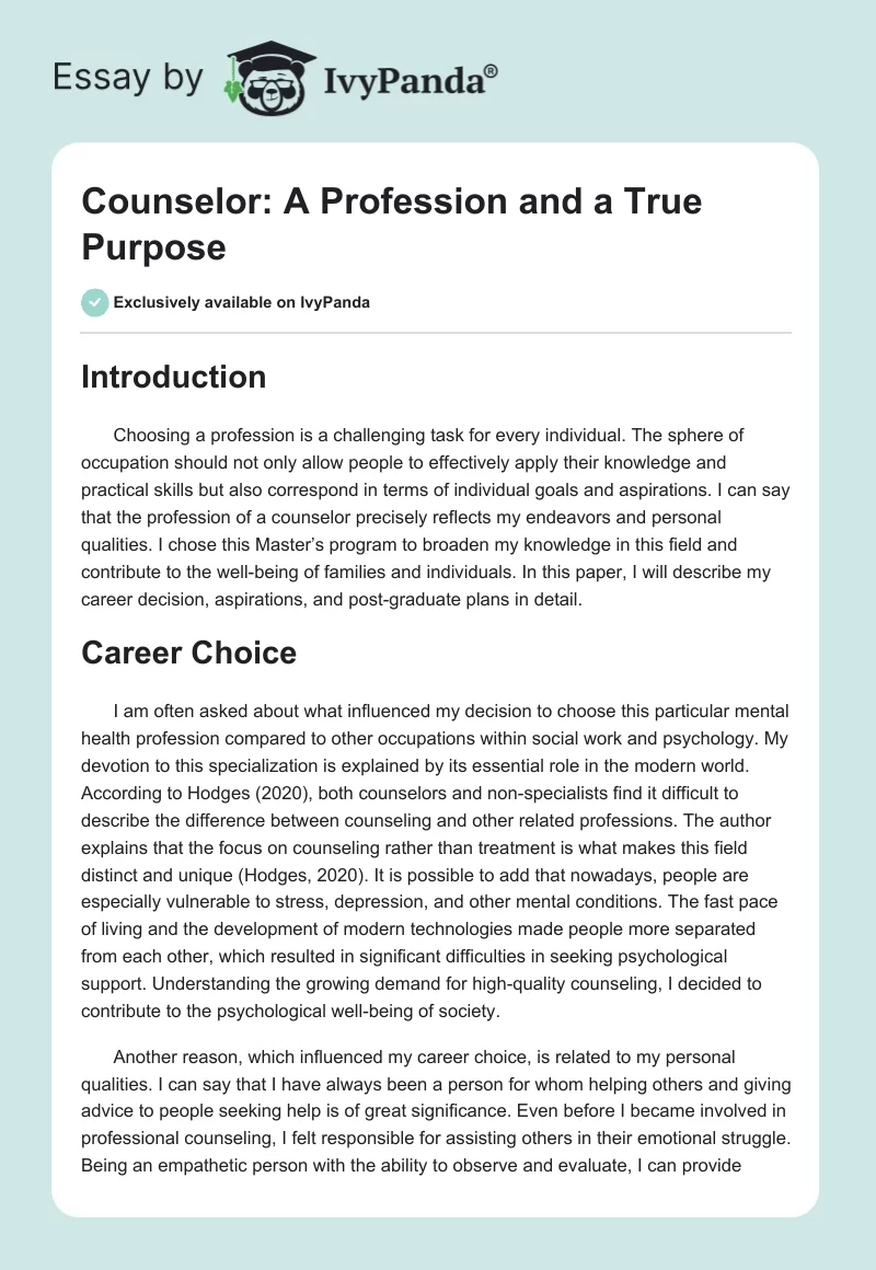 Counselor: A Profession and a True Purpose. Page 1